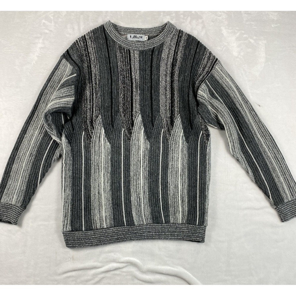 Vintage Lavane 3D Knit Sweater Men Sz M Gray Crew Neck Unique Cabincore